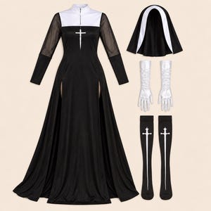 May include: A black and white long-sleeved dress with a high neck, a white chest panel featuring a white cross, and two front leg slits. The set includes a black and white headpiece, a pair of white gloves, and black knee-high socks with white crosses.