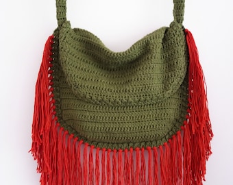 BOHO Fringe Bag, Fringe Crochet Bag, Festival Bag, Halfmoon Crochet Bag, Cotton Fringe Crochet Bag