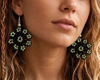Boho Crochet Mandala Earrings, Handcrafted Black & Sage Green Beaded Earrings, Lightweight Statement Jewelry, Cottagecore Gift for Her