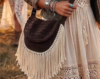 BOHO Fringe Bag, Fringe Crochet Bag, Festival Bag, Halfmoon Crochet Bag, Cotton Fringe Crochet Bag