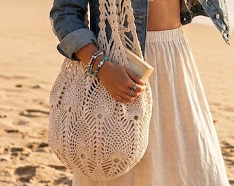 Extra Large Crochet Beach Bag, Beige Boho Tote