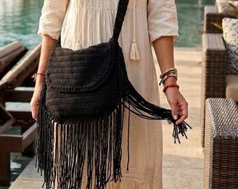 BOHO Fringe Bag, Fringe Crochet Bag, Festival Bag, Halfmoon Crochet Bag, Cotton Fringe Crochet Bag