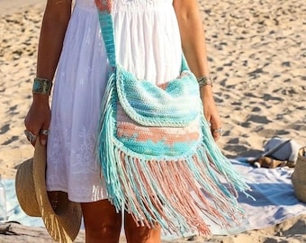 BOHO Fringe Bag, Fringe Crochet Bag, Festival Bag, Halfmoon Crochet Bag, Cotton Fringe Crochet Bag