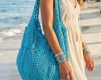 Extra Large Bright Blue Crochet Beach Bag, Turquoise Tote