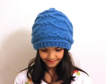 Cable Aran Hat - Hand Knit in Soft Wool Mix Yarn