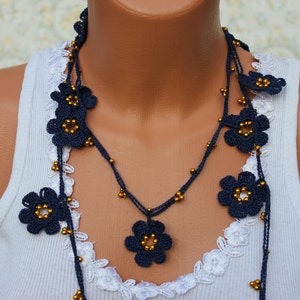 Navy and Gold Crochet Necklace, Lariat Necklace, Open End Necklace, OYA necklace, Bridesmaids gift