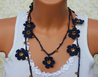 Navy Crochet Flower Necklace, Beaded Lariat, Bridesmaid Gift