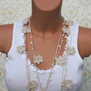 Beige Crochet Necklace, Lariat Necklace, Open End Necklace, OYA necklace, Bridesmaids gift