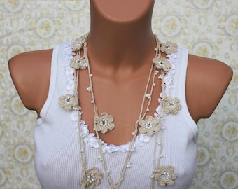 Beige Crochet Necklace, Lariat Necklace, Open End Necklace, OYA necklace, Bridesmaids gift
