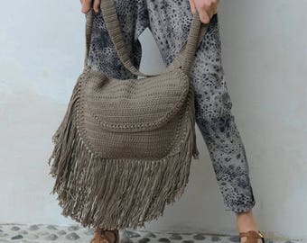 BOHO Fringe Bag, Fringe Crochet Bag, Festival Bag, Halfmoon Crochet Bag, Cotton Fringe Crochet Bag