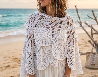 Crochet bride Shawl, boho wedding, Large Floral Pattern, cotton yarn