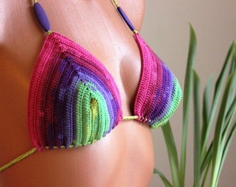 Crochet Rainbow Bikini Top, Bright Color BOHO Festival Wear