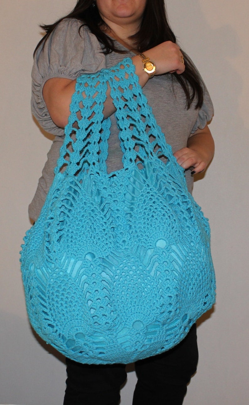 Extra Large Bright Blue Crochet Bag, Crochet Beach Bag, Turquoise Crochet Bag image 3