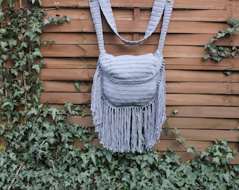 BOHO Fringe Bag, Fringe Crochet Bag, Festival Bag, Halfmoon Crochet Bag, Cotton Fringe Crochet Bag