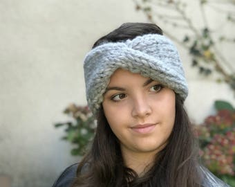 Super Chunky Gray Turban, Knit Headband, Knit earwarmer, Turban earwarmer