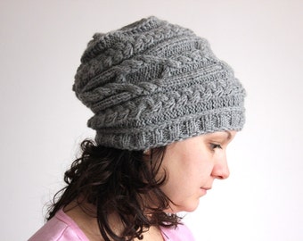 Cable Aran Hat - Hand Knit in Soft Wool Mix Yarn
