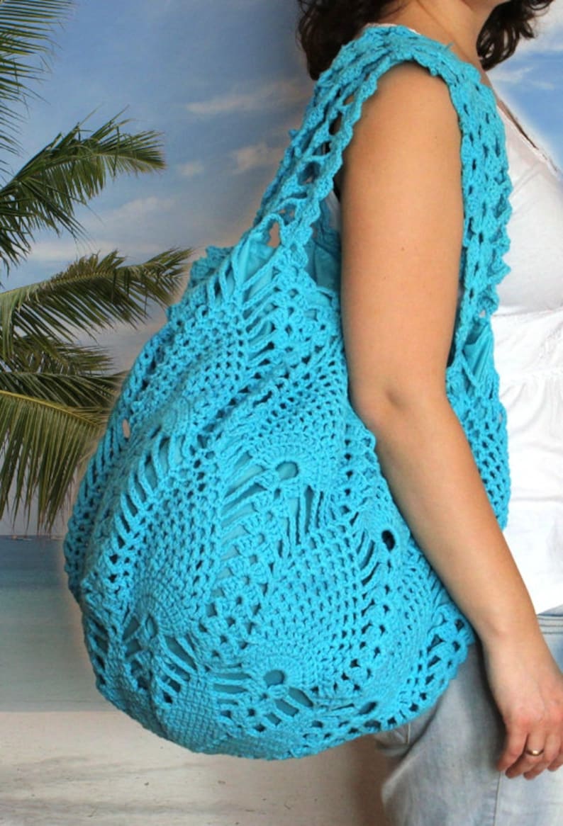 Extra Large Bright Blue Crochet Bag, Crochet Beach Bag, Turquoise Crochet Bag image 1