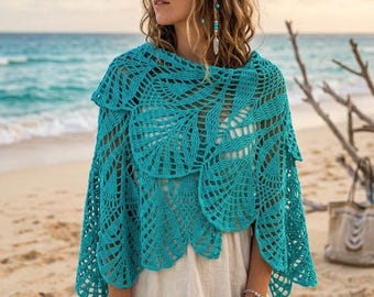 Crochet Shawl Turquoise, Large Floral Pattern, cotton yarn