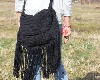 BOHO Fringe Bag, Fringe Crochet Bag, Festival Bag, Halfmoon Crochet Bag, Cotton Fringe Crochet Bag