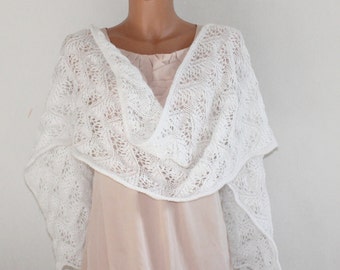 White Knit Shawl, Bridal Shawl, Wedding Shawl, Fine Lace Angora Knit shawl