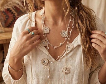 Beige Crochet Flower Necklace, Cotton Lariat, Seed Bead OYA, Boho Crochet Flower Lariat Necklace, Long Beaded Daisy Y-Necklace