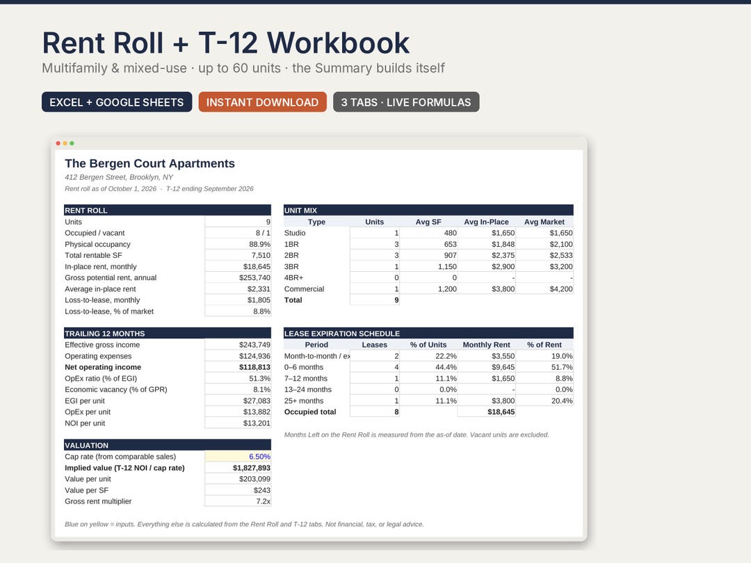 Rent Roll and T-12 Template Excel, Multifamily Rent Roll Spreadsheet ...