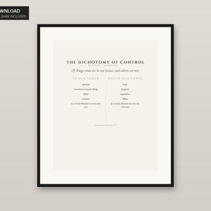 Può includere: Una stampa artistica da parete incorniciata con il testo The Dichotomy of Control, Epictetus Enchiridion. Il design mostra due colonne intitolate In Our Power e Not In Our Power, che elencano vari concetti in testo nero su sfondo crema chiaro.