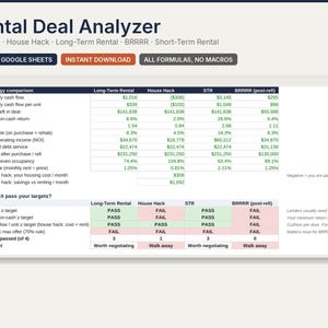 Può includere: Un'interfaccia di foglio di calcolo Rental Deal Analyzer con una tabella di confronto delle strategie per affitti a lungo termine, House Hack, STR e BRRRR, che include righe per flusso di cassa, DSCR, tasso di capitalizzazione e test.