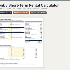 May include: A digital spreadsheet titled Airbnb / Short-Term Rental Calculator with sections for property and loan details, revenue, expenses, and annual results. The interface includes buttons for Excel, Google Sheets, and instant download.