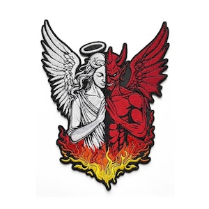 May include: An embroidered patch featuring a split design of an angel and a devil. The left side shows a white angel with a halo and wing, while the right side shows a red devil with a horn and wing. Both figures are joined at the center above flames.