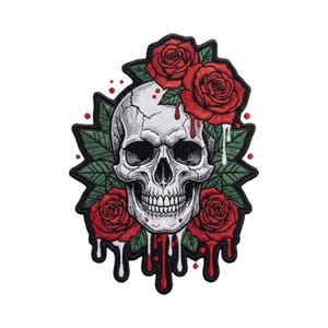 May include: An embroidered patch featuring a central human skull in shades of white and grey, surrounded by vibrant red roses and green leaves. The design includes dripping red and white liquid effects at the base and sides of the skull.