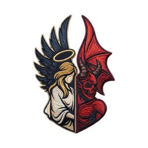May include: An embroidered patch featuring a split design. The left side shows an angel with blonde hair, a gold halo, and dark blue wings. The right side depicts a red horned demon with a skeletal face and a large, pointed red wing.