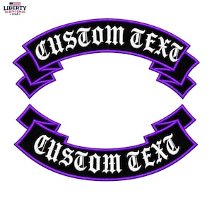 May include: Two arched embroidered patches with black fabric, purple borders, and white text reading CUSTOM TEXT in a gothic font. The top patch curves upwards, while the bottom patch curves downwards, both featuring folded ribbon-like ends.