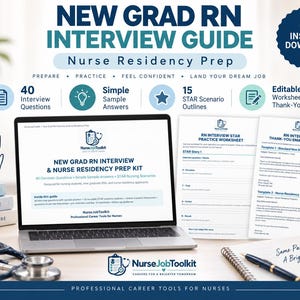 Peut inclure: Un guide d'entretien pour nouveaux infirmiers diplômés et préparation à la résidence infirmière affiché sur un écran d'ordinateur, avec des feuilles de travail imprimées, des modèles d'e-mails de remerciement, un stéthoscope et un stylo.