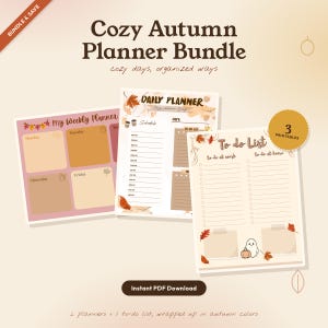 Peut inclure: Un ensemble de planificateurs numériques comprenant trois pages imprimables avec des graphismes sur le thème de l'automne. Le lot inclut un planificateur hebdomadaire, un journalier et une liste de tâches, ornés de feuilles, citrouilles et un fantôme.