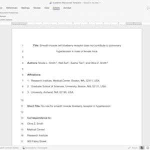 May include: A digital document titled Academic Manuscript Template displayed on a computer screen. The text includes a title about smooth muscle cell blueberry receptors, a list of authors, institutional affiliations, and correspondence details.