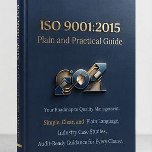May include: A dark blue hardcover book titled ISO 9001:2015 Plain and Practical Guide. The cover features gold embossed text, a metallic 9001 graphic, and the subtitle Your Roadmap to Quality Management, Simple, Clear, and Plain Language.
