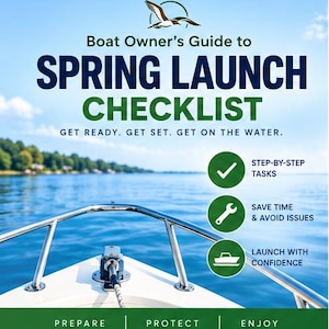May include: A Boat Owner's Guide to SPRING LAUNCH CHECKLIST with the text GET READY. GET SET. GET ON THE WATER. It features three green circular icons with a checkmark, a wrench, and a boat silhouette, plus the words PREPARE, PROTECT, ENJOY.
