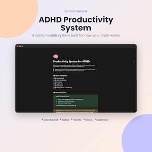 Pode incluir: Um modelo digital do Notion intitulado ADHD Productivity System exibido em uma tela escura. A interface apresenta um ícone de cérebro, um menu de navegação rápida com tarefas, hábitos e objetivos, e uma seção intitulada Where to start.