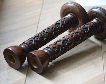 Pair  Ornate Carved Wooden Candlesticks,Floral Carved  Candle Holders,Wood Candlesticks with Brass Inserts,Tall Vintage Wooden Candlesticks