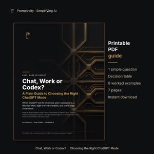 Guía ChatGPT en PDF, Chat vs. Trabajo vs. Codex, Elige el modo ChatGPT adecuado, Guía rápida de productividad con IA, Guía imprimible, Descarga instantánea