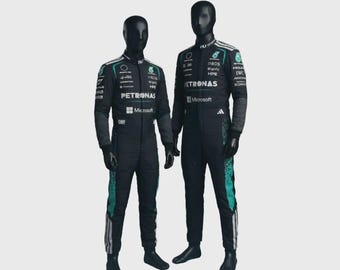 Tuta da corsa per go-kart Kimi/Russell fatta a mano, nera, ispirata alla Formula 1, con stampa a sublimazione.