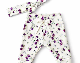 Newborn Baby Girl Purple Violets Outfit, Shower Gift, Organic Cotton Leggings Knot Hat and Headband Bow, Girl Coming Home Outfit
