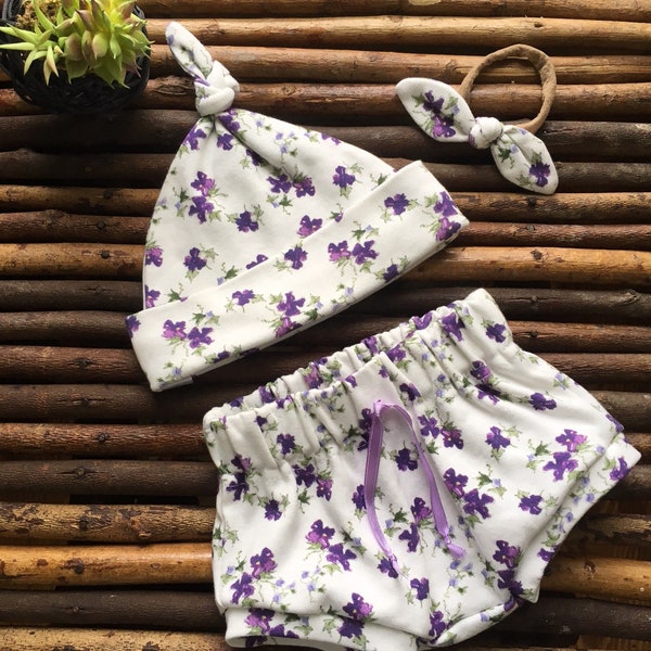 Baby Girl Purple Floral Violets Bummies/Shorties, Headband Bow, Knot Hat Baby Shower Gift Coming Home Outfit