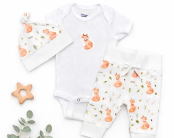 Organic Coming Home Woodland Fox Baby Clothes, Forest Animal Baby Leggings Bummies Knot Hat Bodysuit