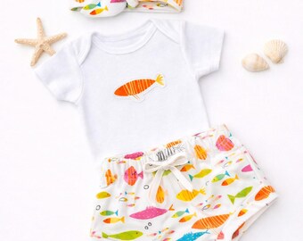 Baby Girl Summer Colorful Fish Bummies/Shorties, Leggings, Headband Bow or Top Knot Hat Baby Shower Gift