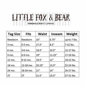 May include: A chart showing baby clothing sizes and corresponding weight ranges. The chart includes tag size, fits, waist, inseam, and weight. The weight ranges are in pounds.