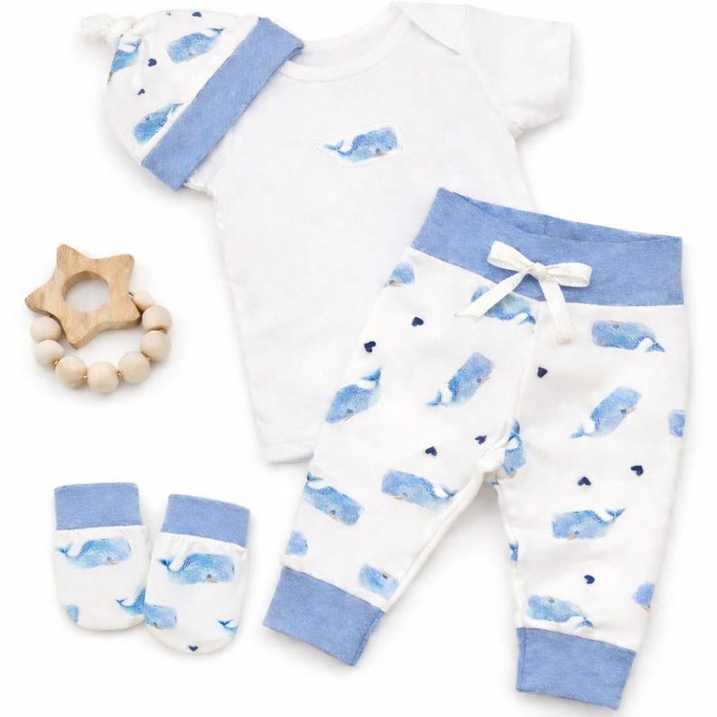 Organic Whale Baby Coming Home Outfit-Handmade Newborn Gift Set-Blue Ocean Baby Clothes-Organic Cotton Bodysuit &Leggings-Baby Shower Gift 4 pc. Gift Set
