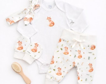 Organic Coming Home Woodland Fox Baby Clothes, Forest Animal Baby Leggings Bummies Knot Hat LONG Sleeve Bodysuit