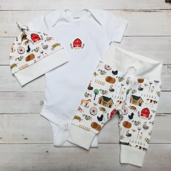 Baby Boy Coming Home Outfit, Baby Shower Gift, Farm Country, Newborn Pants, Knot Hat, Applique Bodysuit, Organic Cotton